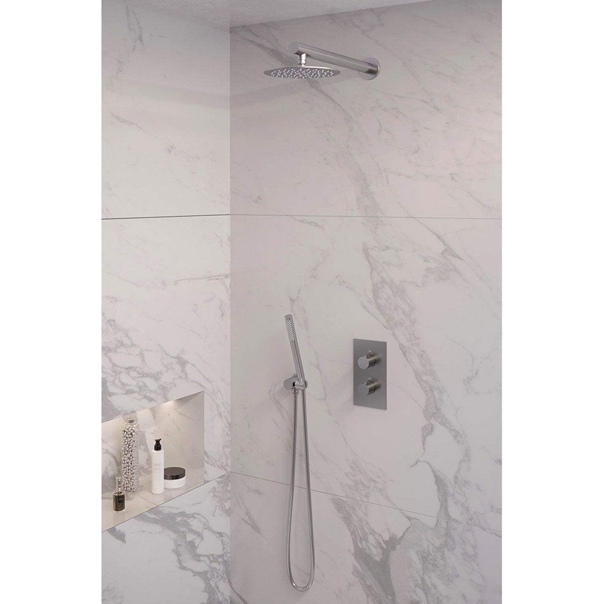 Brauer Regendoucheset 25 Inbouw Muur Brushed Edition - Geborsteld Nikkel PVD - 20cm Rond - 2 Greeps 3-weg met Thermostaatkraan en Staafhanddouche