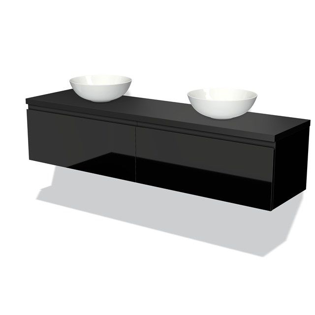 Maxaro Badkamermeubel voor Waskom 180cm Modulo Plato Hoogglans Zwart 2 Lades Greeploos Mat Zwart Blad