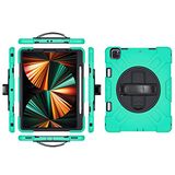 Hoesje voor iPad Pro 12,9 Inch 2022/2021/2020/2018(6e/5e/4e/3e generatie) met potloodhouder, robuuste beschermhoes met 360° draaibare standaard en handriem, smaragdgroen