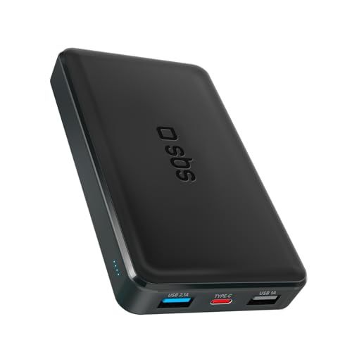 SBS PowerBank 10K SLIM, 10000mAh, Powerbank met Snelle Oplading, Intelligent Charge (IC), Laad-LED, 1 USB-C, 2 USB-A, Draagbare Reisoplader, Compact Ontwerp, Zwart