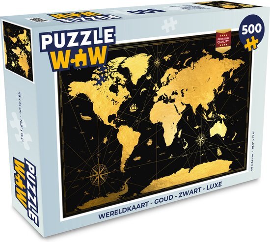 MuchoWow Puzzel Wereldkaart - Goud - Zwart - Luxe - Legpuzzel - Puzzel 500 stukjes