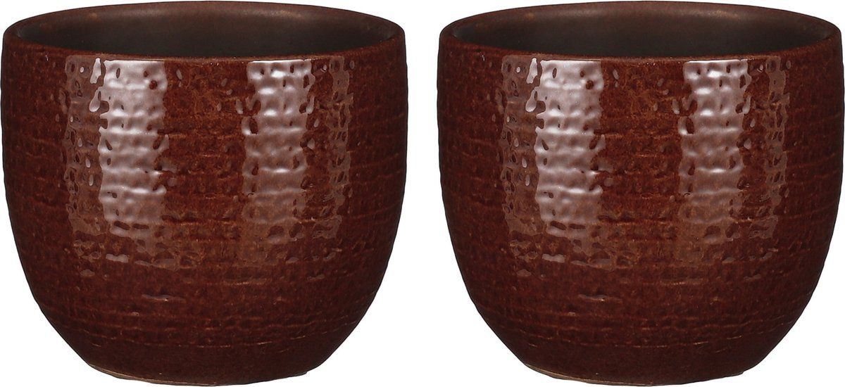 Mica Decorations - plantenpot/bloempot - kastanje bruin flakes relief - D14/H12 cm - 2 stuks