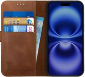 Rosso Deluxe Echt Leer Hoesje Geschikt voor Apple iPhone 16 Plus | Ruimte voor drie pasjes | Portemonnee Book Case | Met Pasjeshouder | Bruin