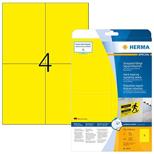 HERMA 8032 Weerbestendige folieetiketten A4, 32 stuks (105 x 148 mm, 800 vellen, polyesterfolie), zelfklevend, bedrukbaar, zeer stabiel, 3200 signaaletiketten voor printers, geel