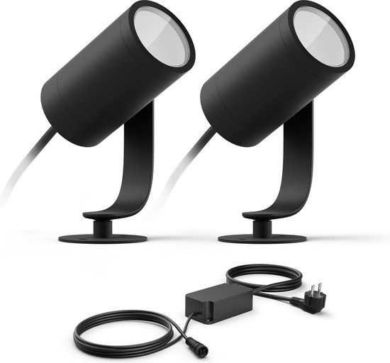 Philips Hue Lily Basisset van 2 Tuinspots (Antraciet) - Wit en Gekleurd Licht - Incl. 1 Voedingskabel - Tuinverlichting - Hue White and Color Ambiance