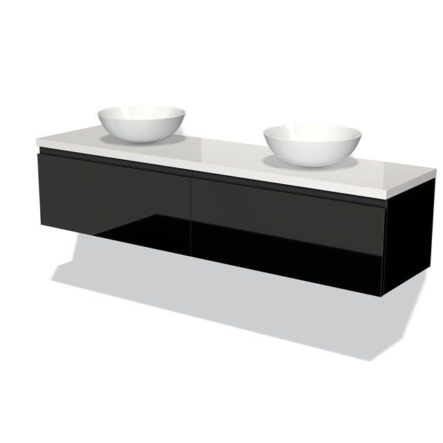 Maxaro Badkamermeubel Modulo Plato 180cm Hoogglans Zwart 2 Lades Greeploos Hoogglans Wit Blad