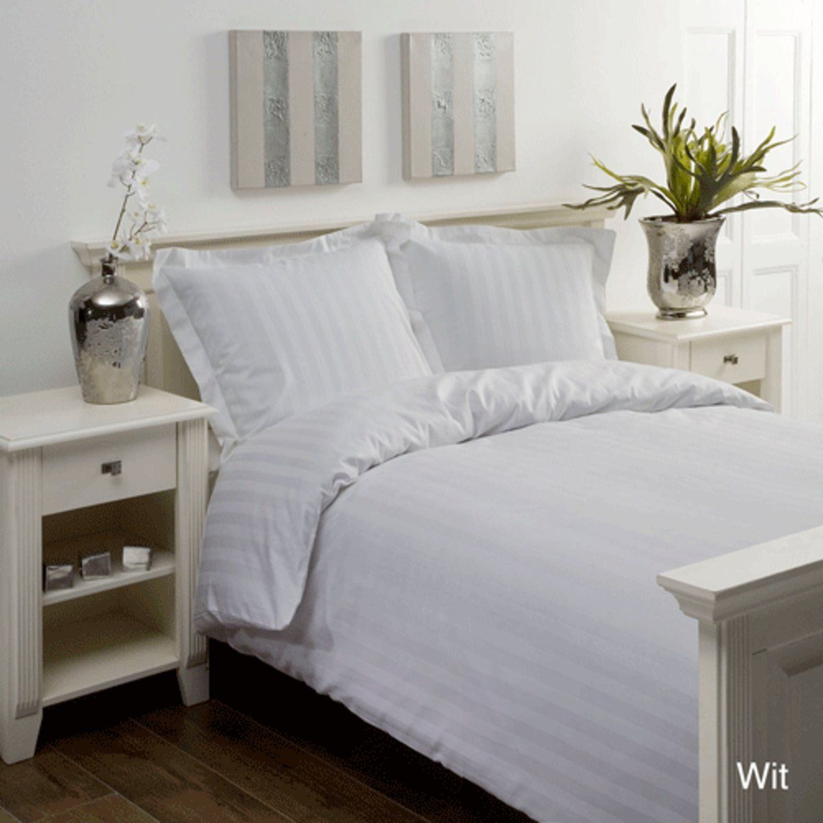 Papillon Satijn streep dekbedovertrek 200x200/220cm - Wit