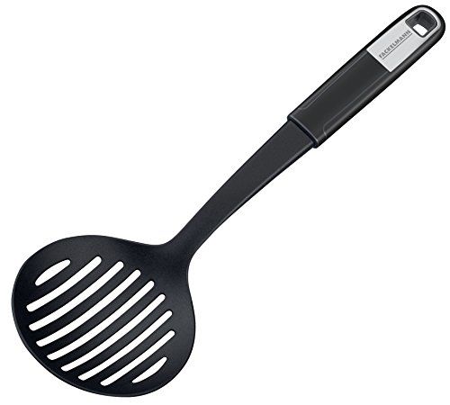 FACKELMANN Abseihlöffel 32 cm SENSE, pollepel om te zegen van kunststof, antislip soft-touch handgreep, keukenhulp voor gecoate pannen en potten (kleur: zilver/zwart), hoeveelheid: 1 stuk