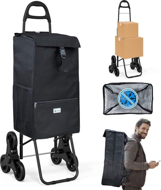 VOUNOT Boodschappentrolley Inklapbaar met Koeltas, Boodschappenwagen met 6 Wielen voor Trappen, 40L, Zwart