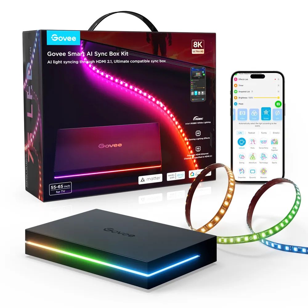Govee AI Sync Box 2 55–65 inch - HDMI sync box met ledverlichting - RGBICW - app-bediening - Alexa/Google - Matter compatibel