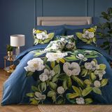 SOIREE - Marinewit dekbedovertrek met bloemen - Tweepersoons beddengoed (200 x 200 cm) - omkeerbaar (2 motieven) - Zacht 100% satijnkatoen - 2x kussenslopen - Luxe beddengoed met witte bloemen