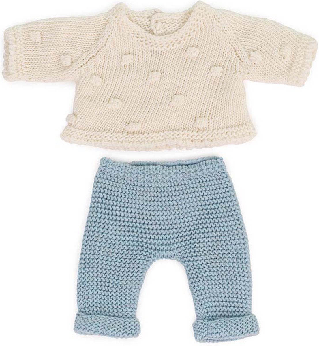 Miniland Dolls gebreide kledingset, gemaakt van gerecyclede materialen, voor babypop van 21 cm, model: trui met witte stippen en broek in blauw.