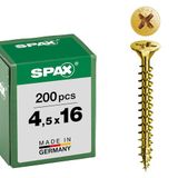 SPAX Universele schroef, 4,5 x 16 mm, 200 stuks, kruiskop Z2, verzonken kop, volledige schroefdraad, 4CUT, YELLOX A2L, 1081020450163