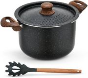 NutriChef Pastapan met Vergietdeksel & Pastalepel 5 qt (5,1L) – Anti-aanbak Kookpan, Vergrendelbaar Deksel, Hittebestendige Handgrepen, Gelijkmatige Warmteverdeling – Zwart Marmer