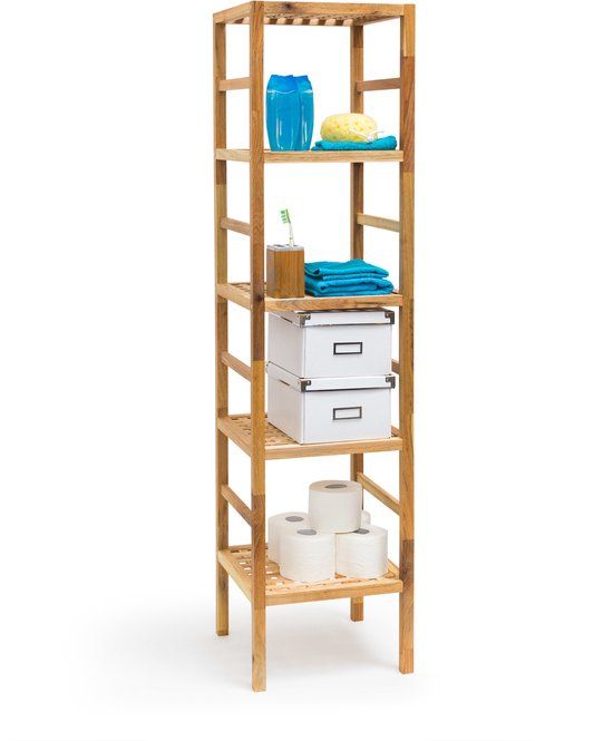 Merkloos Relaxdays Badkamerrek - Walnoot Geolied - 5 Etages - Houten Opbergrek - 150 cm