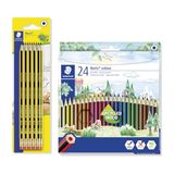 STAEDTLER Schrijf- en tekenset Noris – 10 HB-potloden met gum en 24 kleurpotloden – Gerecycled hout met soft-oppervlak – Breukbestendige set voor school, kantoor en creatieve projecten