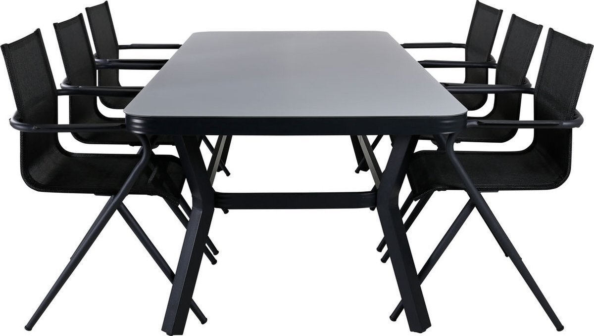 Hioshop Virya tuinmeubelset tafel 100x200cm en 6 stoel Alina zwart, grijs.