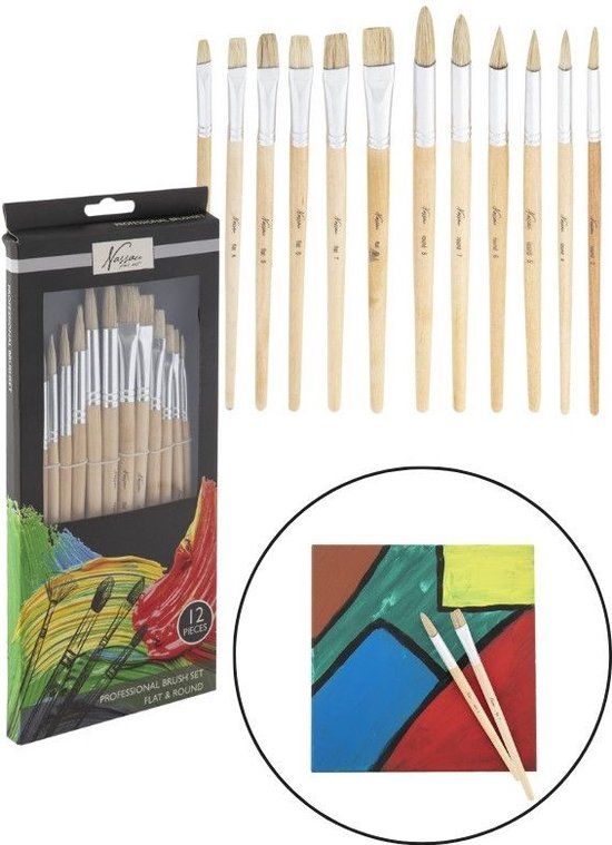 Nassau Fine Art Professionele Penselen Set | 12 Stuks - Platte- & Ronde penselen | Schilderen voor Kinderen en Volwassenen | Hobbypenseel