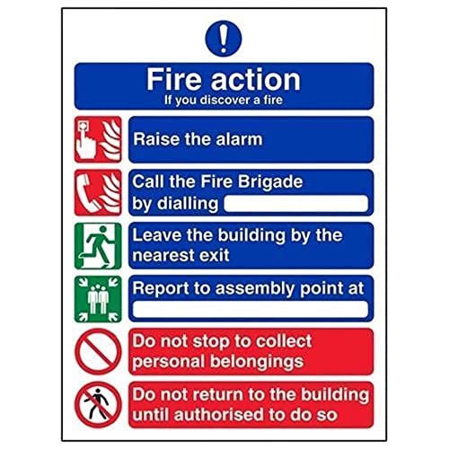 VSafety General Fire Action 6 Notice Board - Portrait - 150mm x 200mm - Self Adhesive Vinyl