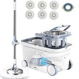 Michao Spin Mop Bucket Deluxe 360 draaiend vloerreinigingssysteem met 6 microvezel navulkoppen, verlengde handgreep van 157 cm, 4 wielen voor huishoudelijke reiniging