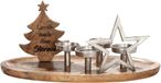 GILDE Kandelaar - van mango-hout met aluminium elementen en spreuk H 26 cm
