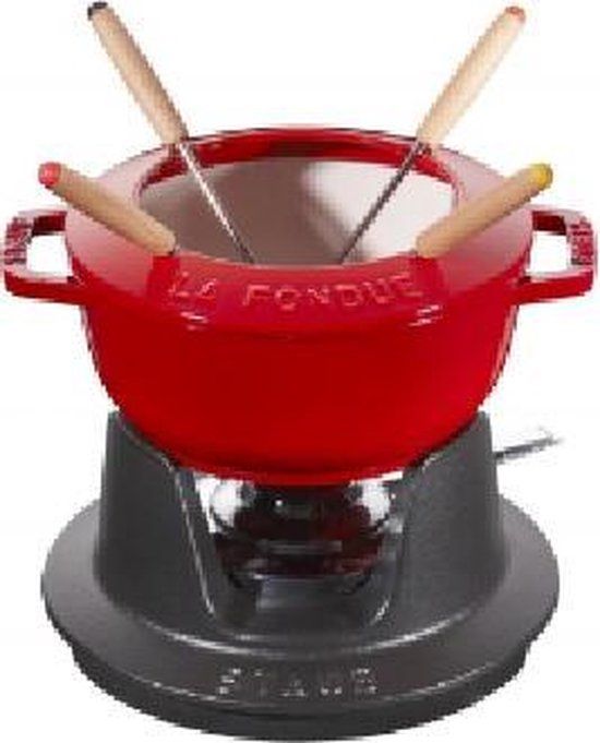 Staub Fondue Set mit 4 Gabeln, Gusseisen, Kirschrot, 16 cm