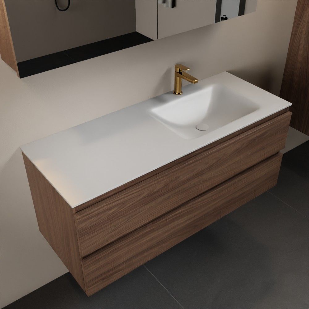 Mondiaz Aivy badmeubelset - 120x45x50cm - 1 kraangat - 1 wasbak talc Solid surface - Rechts - 2 lades - Met spiegelkast - Melamine Mocha AIVY80335