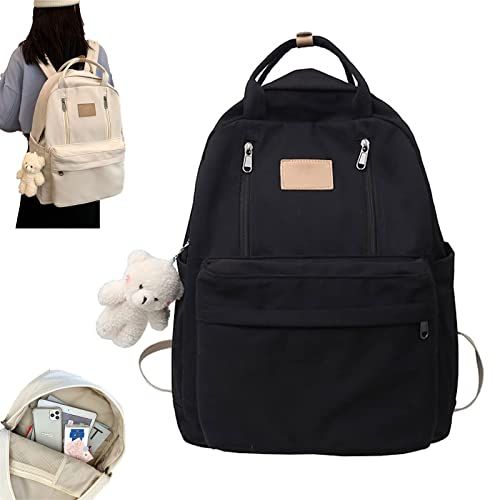 Vimlo Preppy Backpack with Plushies, Cute Vintage School Bag for Teen Girls - Black