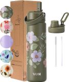VANN® 3-Wandige RVS Drinkfles 650 ML met rietje voor volwassenen – Met 2 doppen – Thermosfles – 12 uur warm/24 uur koud – Bloemen fles – Cadeau voor man en vrouw –VANN FLOWER BOTTLE