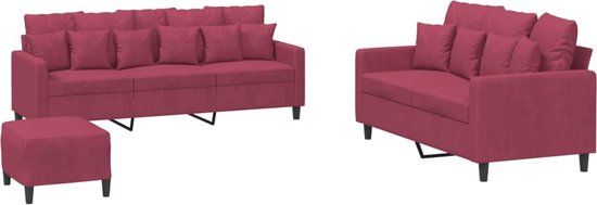 vidaXL 3-delige Loungeset met kussens fluweel wijnrood