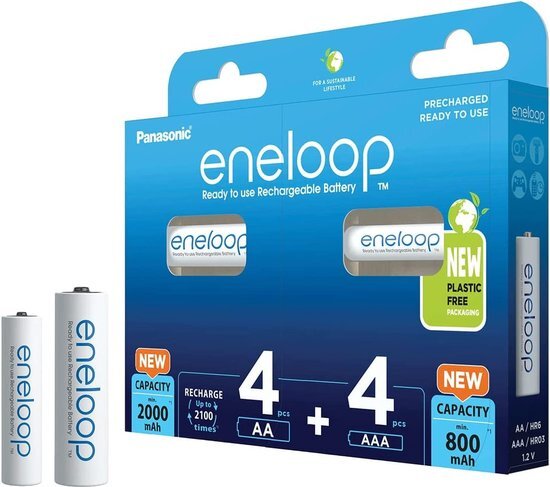 Panasonic eneloop Ready-to-Use Ni-MH-batterij, 8-pack met 4 eneloop AA/Mignon + 4 eneloop AAA/Micro met verbeterde capaciteit, oplaadbare batterijen in plasticvrije verpakking