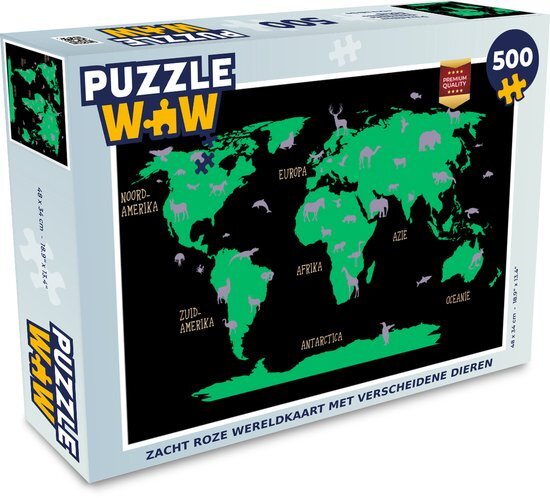 MuchoWow Puzzel Wereldkaart Kinderen - Roze - Dieren - Legpuzzel - Puzzel 500 stukjes