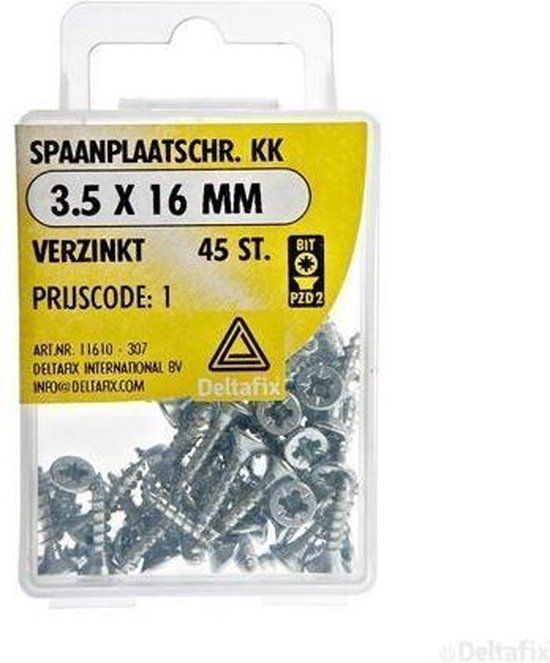 Deltafix Spaanplaatschroef. Platkop. kruiskop-PZD-2. 3,5 x 16 mm. verzinkt. 45 stuks.