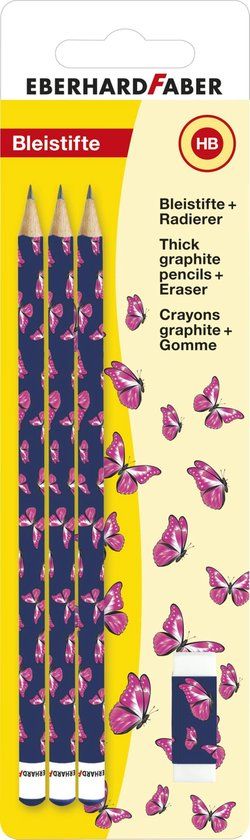 Eberhard Faber HB Potloden met gum - Vlinderprint - Set van 3
