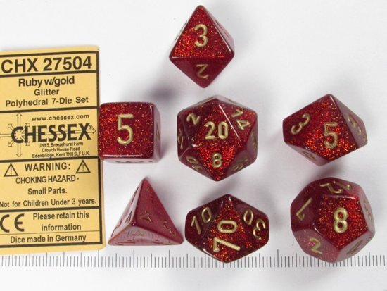 Chessex dobbelstenen set 7 polydice Glitter Ruby w/gold