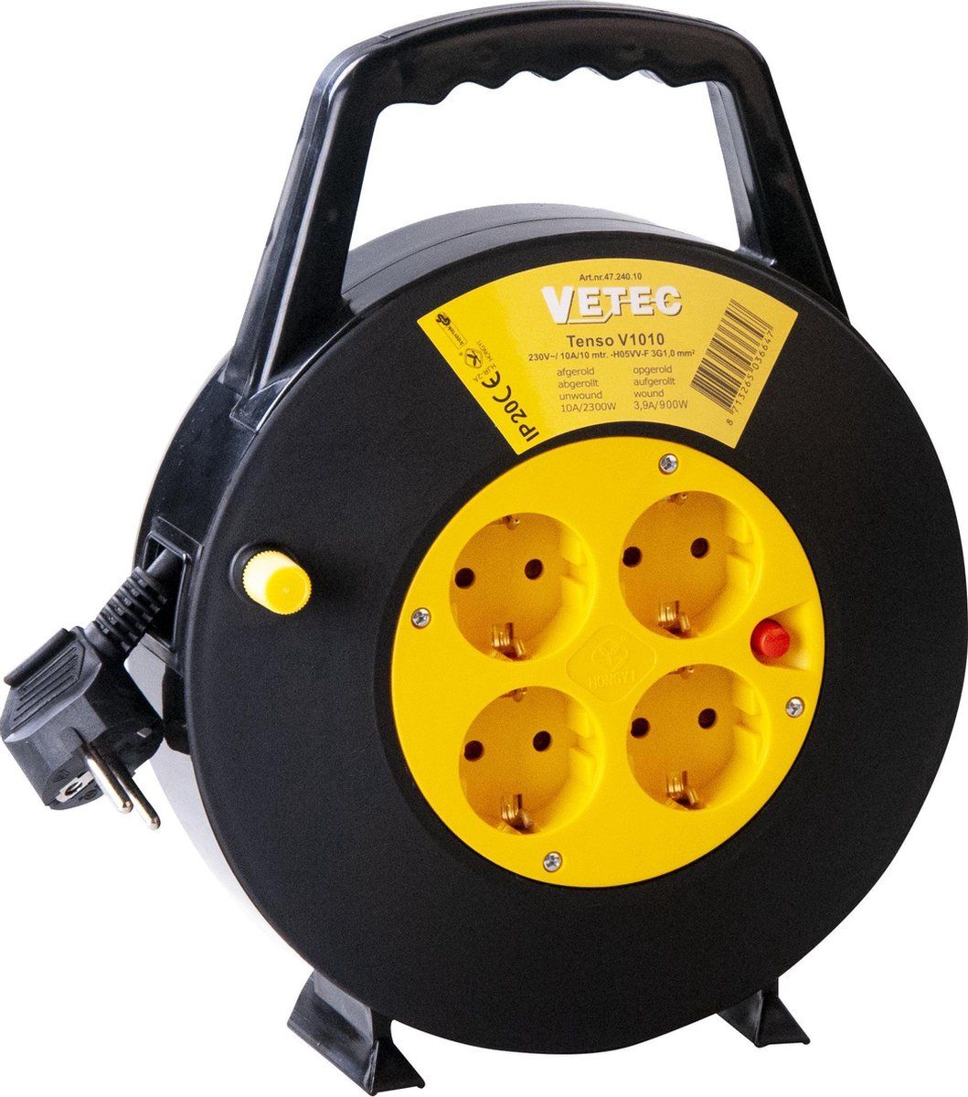 VETEC Kabelhaspel - 10 meter - Geaard - Zwart/Geel