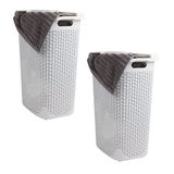 Mind Reader Basket Collection, slanke wasmand, inhoud 60 liter, uitgesneden handgrepen, bevestigd scharnierend deksel, geventileerd, set van 2, wit