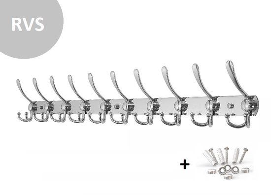 Wandkapstok - 96cm - RVS - 10 haken - Metaal