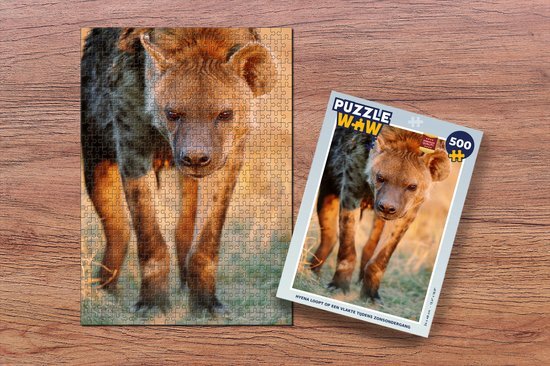 MuchoWow Puzzel Hyena - Gras - Zonsondergang - Legpuzzel - Puzzel 500 stukjes - Sinterklaas cadeautjes - Sinterklaas voor grote kinderen