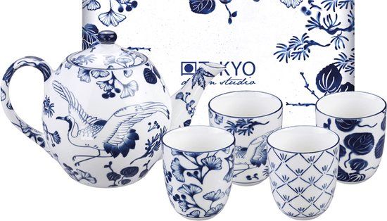 Tokyo Design Studio - Flora Japonica Tea Set - 1200ml with 4 Cups - Blue/White