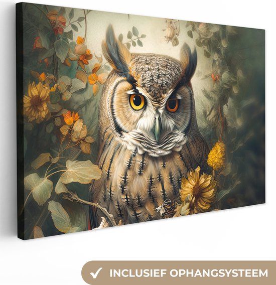 OneMillionCanvasses Canvas schilderij 180x120 cm - Uil - Bloemen - Wanddecoratie
