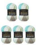 Wollbiene Moonlight Batik Breiwol, 5 x 100 g, 500 gram voor Breien en Haken, 20% Wol, Turks, Kleurverloop (4050 Turkoois, Grijs, Beige)