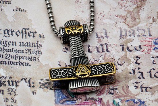 [Two Ravens] Thor Hamer Ketting - Viking Sieraden - Mjolnir met Valknut Hanger - Goudkleurig - Unisex