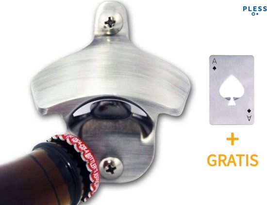 Pless Muur Bier opener - Muur Fles opener Wand Flesopener - Zilver - Met Montageset + gratis Premium Kaartopener