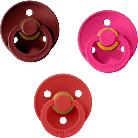 BIBS Colour Fopspeen - Rond - Valentijn 0-6 maanden - 3 stuks - Strawberry Red, Wine en Raspberry