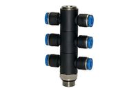 T-meervoudige RIEGLER T-meervoudige verdeler »Blaue serie«, 6-voudig, draaibaar, G 3/8 a., voor slot-buiten-Ø 10 mm, werkdr. Maximale 15 bar, kunststof/MS vern.