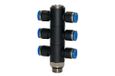 T-meervoudige RIEGLER T-meervoudige verdeler »Blaue serie«, 6-voudig, draaibaar, G 3/8 a., voor slot-buiten-Ø 10 mm, werkdr. Maximale 15 bar, kunststof/MS vern.