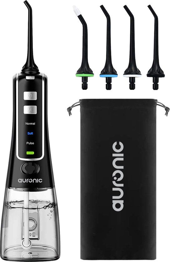 Auronic Waterflosser - Monddouche Elektrisch - 3 Standen - Draadloos en Oplaadbaar - 300 ml - 4 Opzetstukjes - Zwart