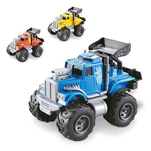 Mondo Motors-Friction Mini Monster Truck Auto met achteruitkoppeling voor kinderen, maat 15 cm, geel, oranje, blauw, oranje, geel, oranje, 51186, 51186