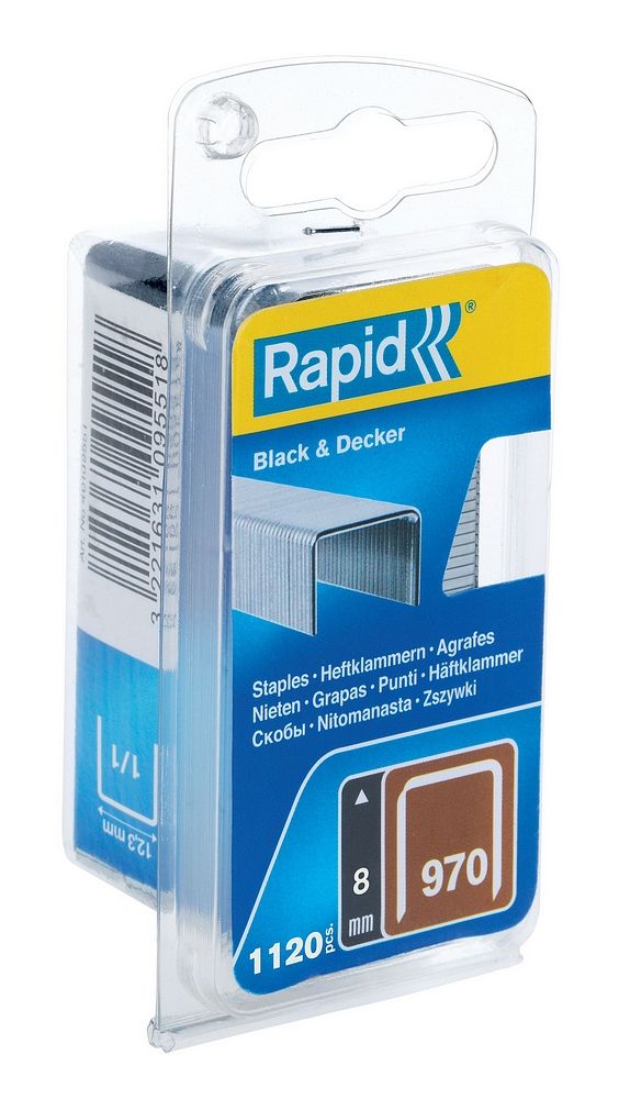 Rapid Nieten No. 970, 8 mm, vlakdraadnieten van gegalvaniseerd staal, 1100 stuks, voor Black+Decker hand- en elektrische tackers